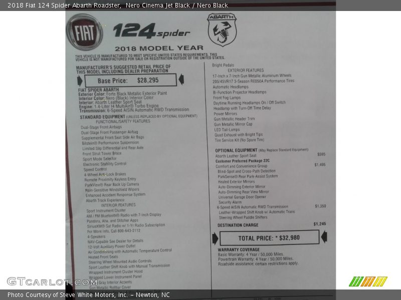  2018 124 Spider Abarth Roadster Window Sticker