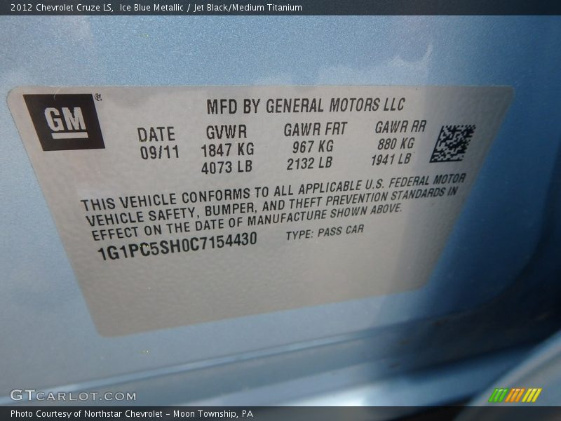 Ice Blue Metallic / Jet Black/Medium Titanium 2012 Chevrolet Cruze LS
