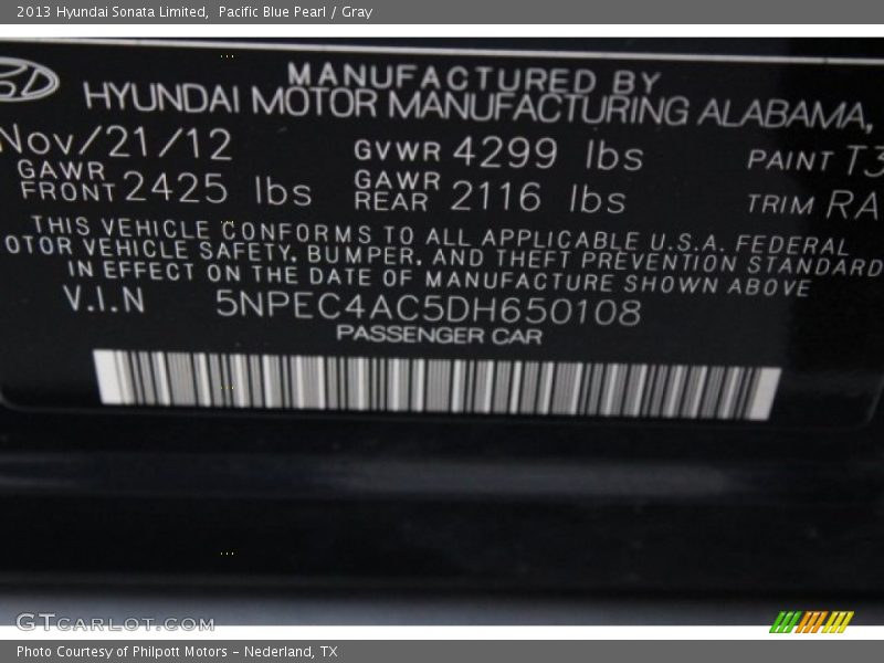 Pacific Blue Pearl / Gray 2013 Hyundai Sonata Limited