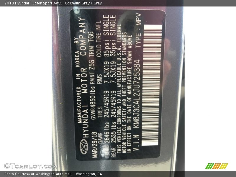 2018 Tucson Sport AWD Coliseum Gray Color Code TGG