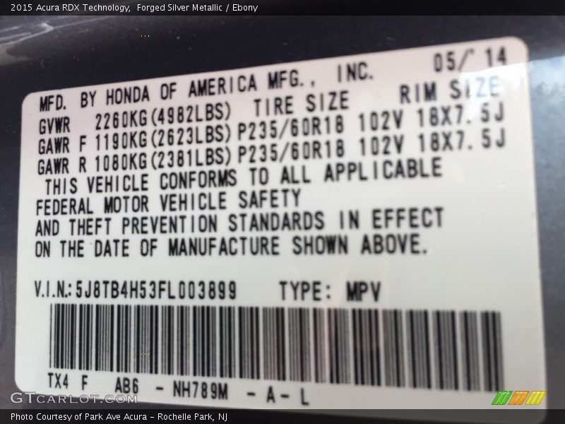 Forged Silver Metallic / Ebony 2015 Acura RDX Technology