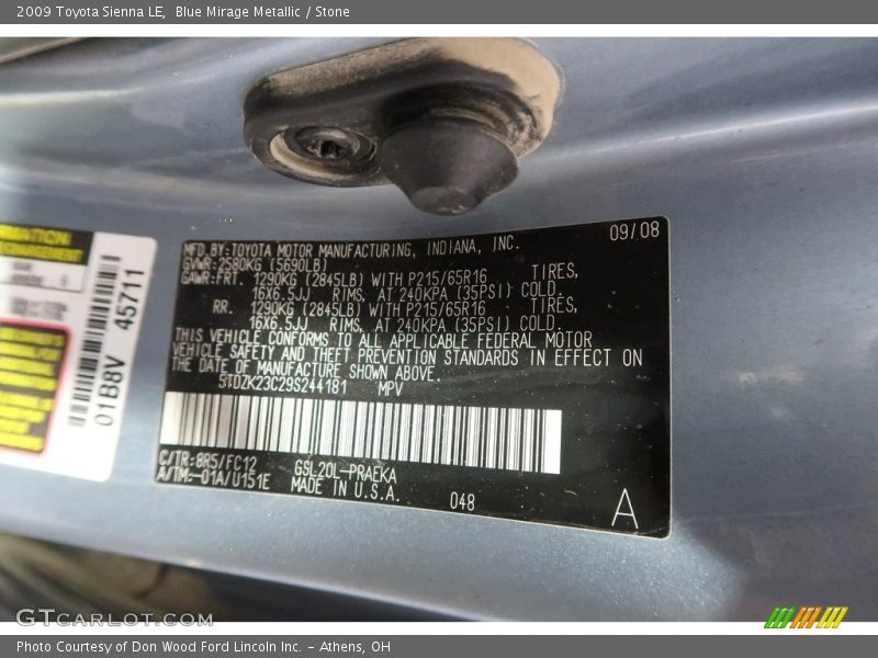 Blue Mirage Metallic / Stone 2009 Toyota Sienna LE
