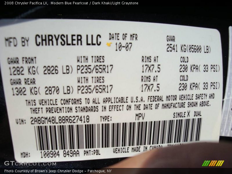 Modern Blue Pearlcoat / Dark Khaki/Light Graystone 2008 Chrysler Pacifica LX