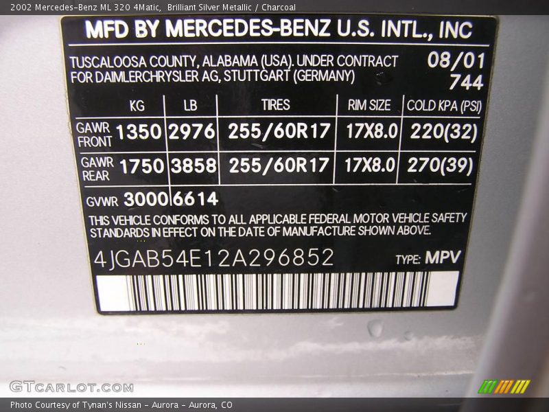 Brilliant Silver Metallic / Charcoal 2002 Mercedes-Benz ML 320 4Matic
