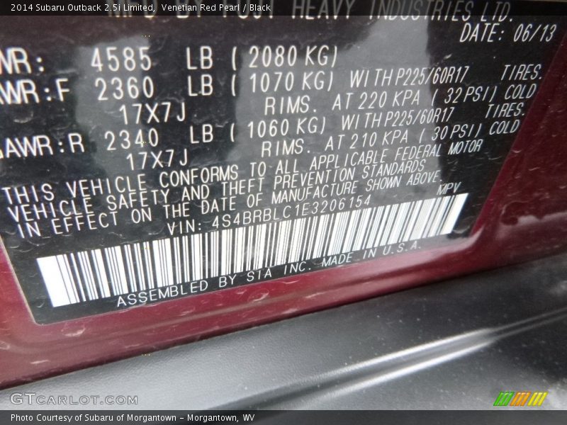 Venetian Red Pearl / Black 2014 Subaru Outback 2.5i Limited