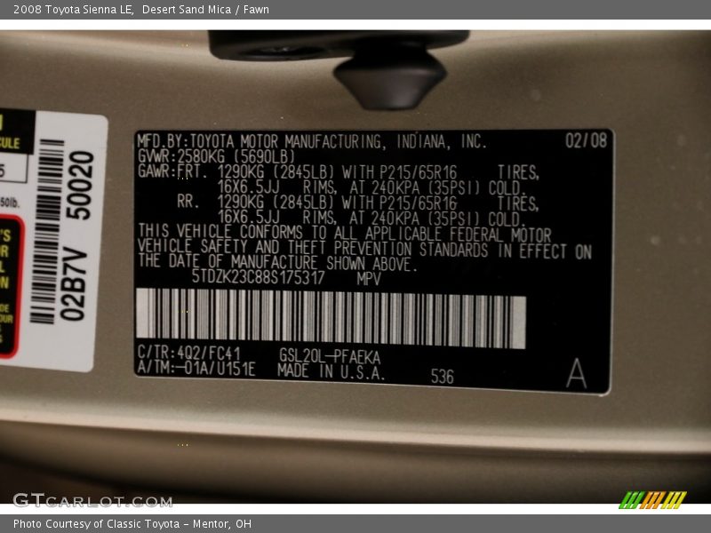 Desert Sand Mica / Fawn 2008 Toyota Sienna LE