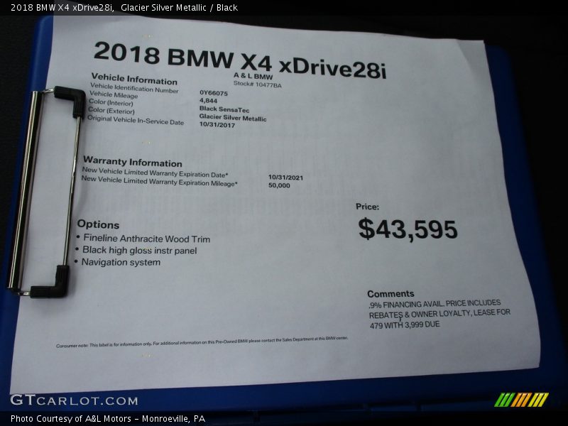 Glacier Silver Metallic / Black 2018 BMW X4 xDrive28i