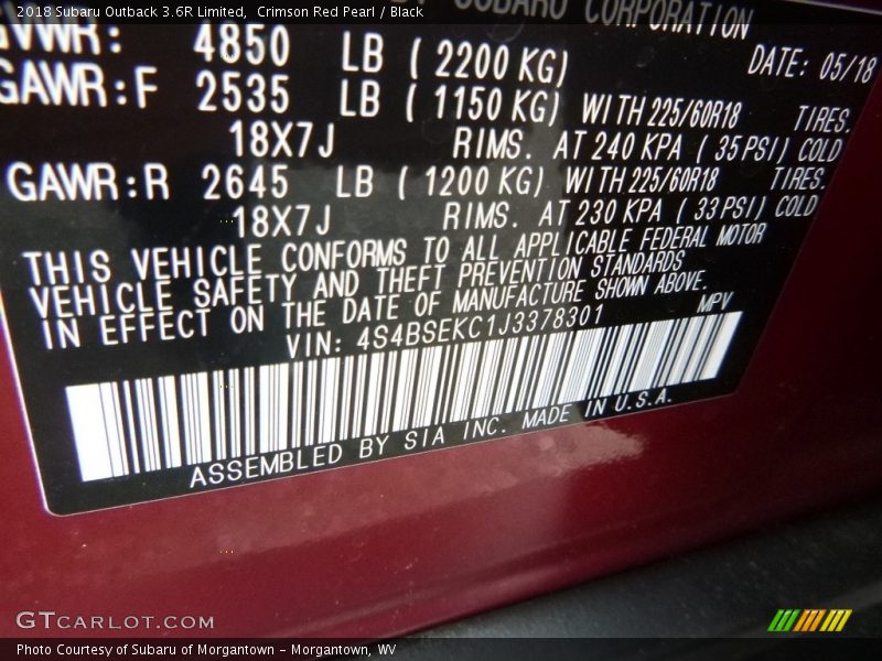 Crimson Red Pearl / Black 2018 Subaru Outback 3.6R Limited