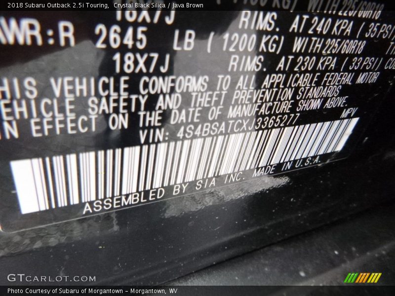 Crystal Black Silica / Java Brown 2018 Subaru Outback 2.5i Touring