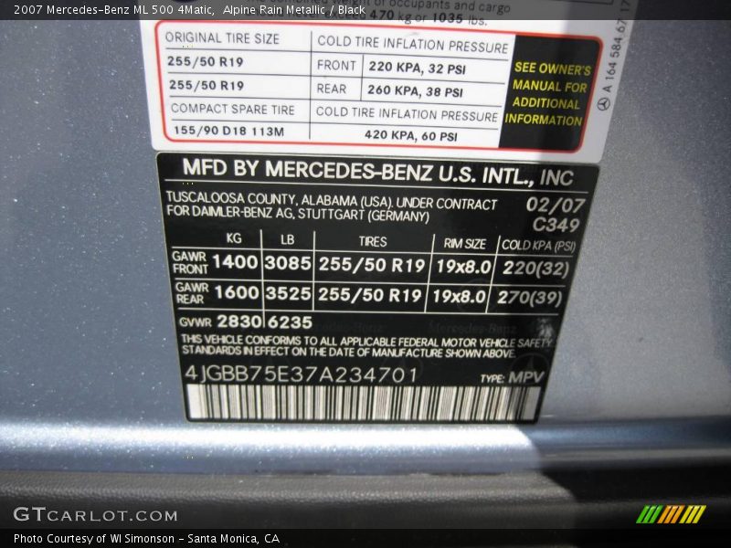 Alpine Rain Metallic / Black 2007 Mercedes-Benz ML 500 4Matic