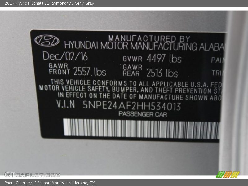 Symphony Silver / Gray 2017 Hyundai Sonata SE