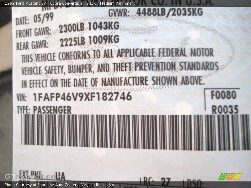 Black / Medium Parchment 1999 Ford Mustang SVT Cobra Convertible