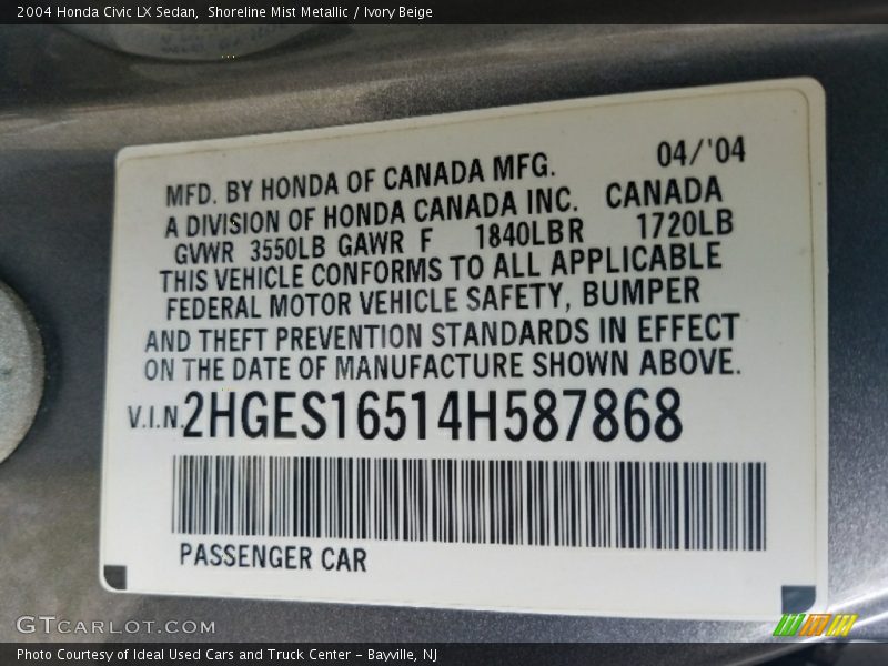 Shoreline Mist Metallic / Ivory Beige 2004 Honda Civic LX Sedan