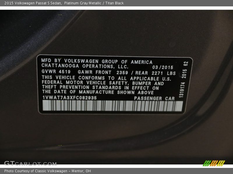 Platinum Gray Metallic / Titan Black 2015 Volkswagen Passat S Sedan