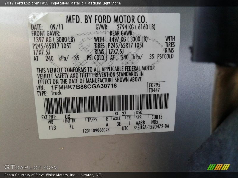 Ingot Silver Metallic / Medium Light Stone 2012 Ford Explorer FWD