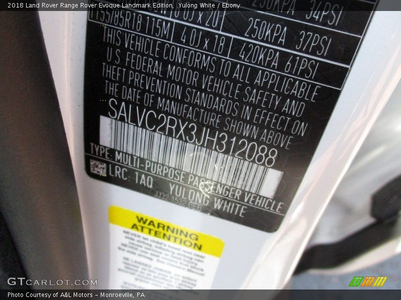 Yulong White / Ebony 2018 Land Rover Range Rover Evoque Landmark Edition