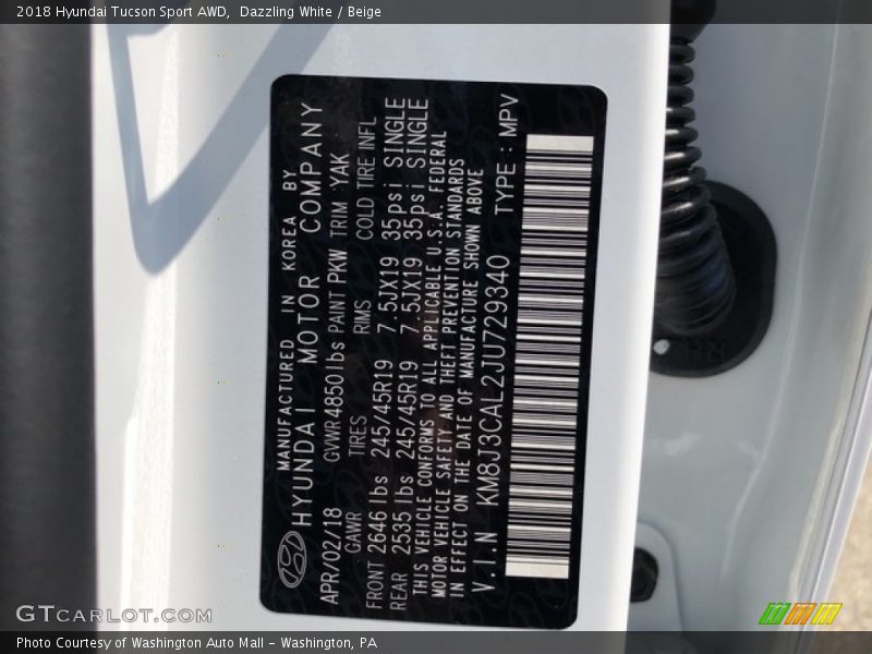 Dazzling White / Beige 2018 Hyundai Tucson Sport AWD