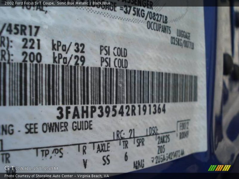 Sonic Blue Metallic / Black/Blue 2002 Ford Focus SVT Coupe