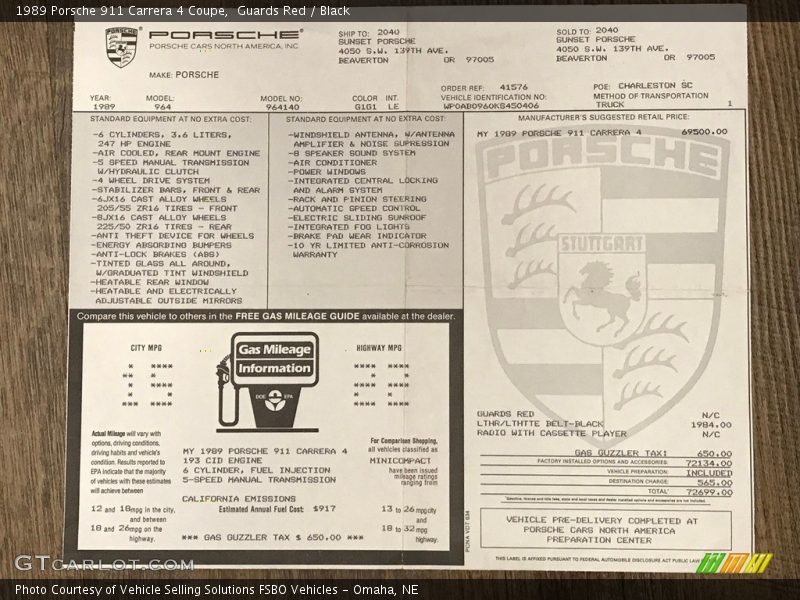  1989 911 Carrera 4 Coupe Window Sticker