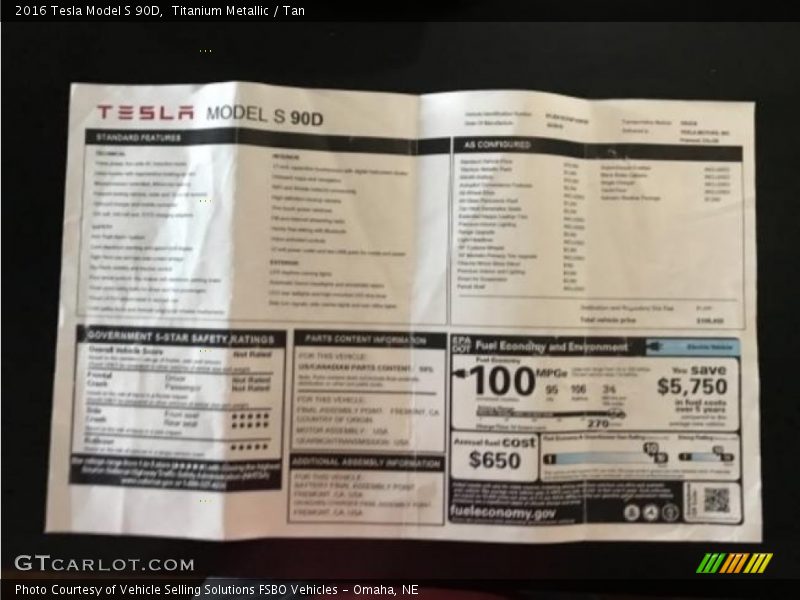  2016 Model S 90D Window Sticker