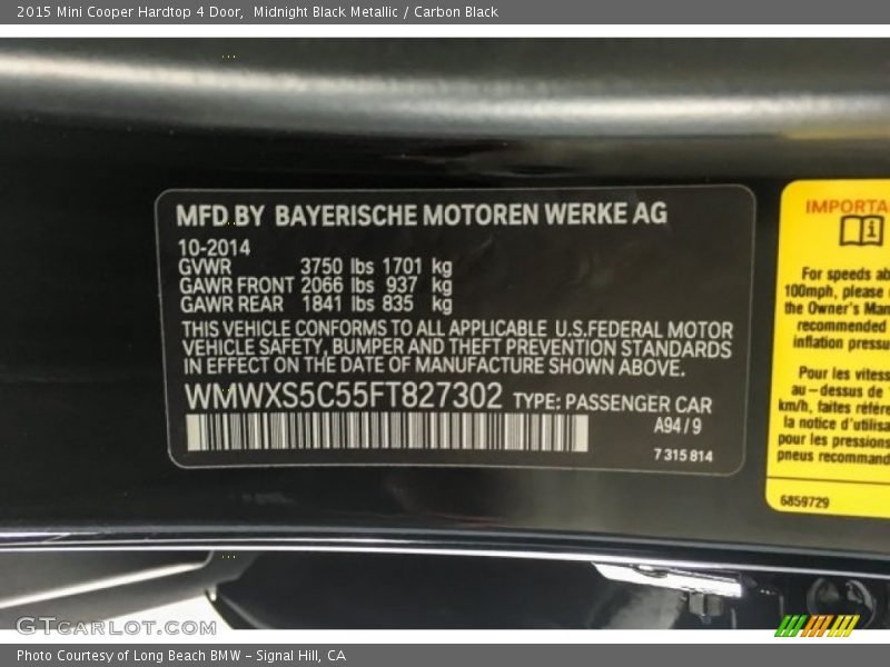 Midnight Black Metallic / Carbon Black 2015 Mini Cooper Hardtop 4 Door