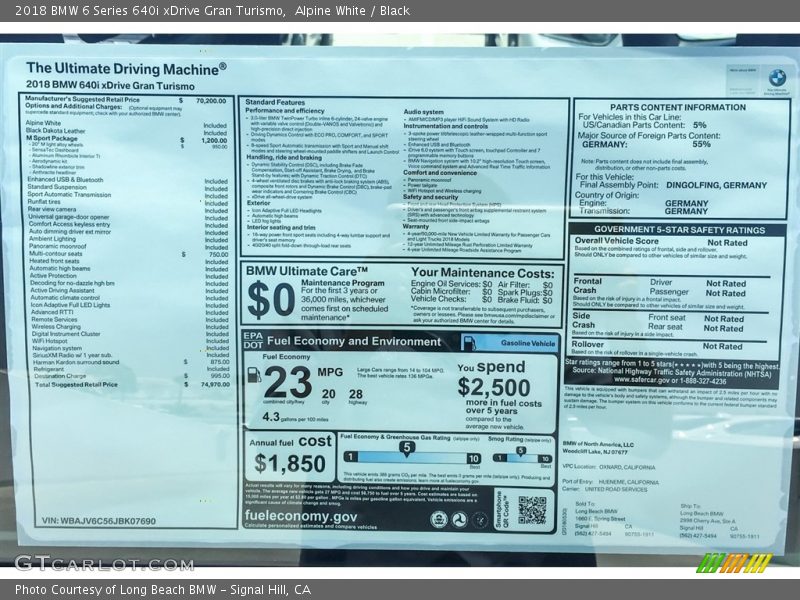 Alpine White / Black 2018 BMW 6 Series 640i xDrive Gran Turismo