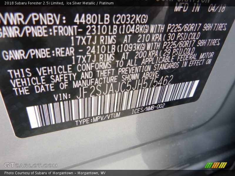 Ice Silver Metallic / Platinum 2018 Subaru Forester 2.5i Limited