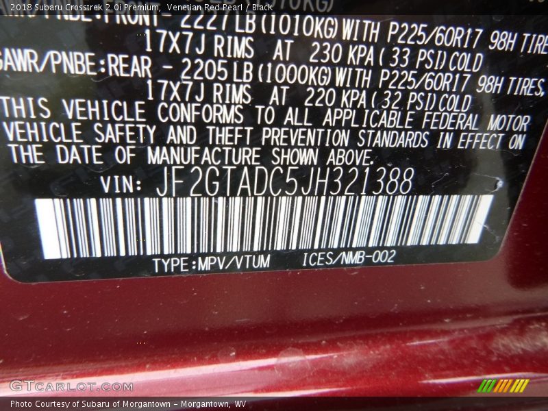 Venetian Red Pearl / Black 2018 Subaru Crosstrek 2.0i Premium