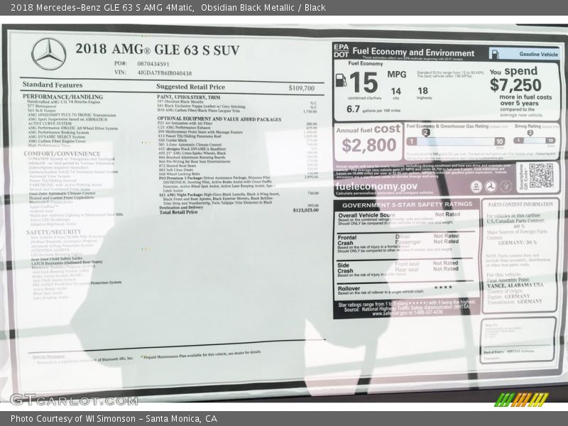  2018 GLE 63 S AMG 4Matic Window Sticker