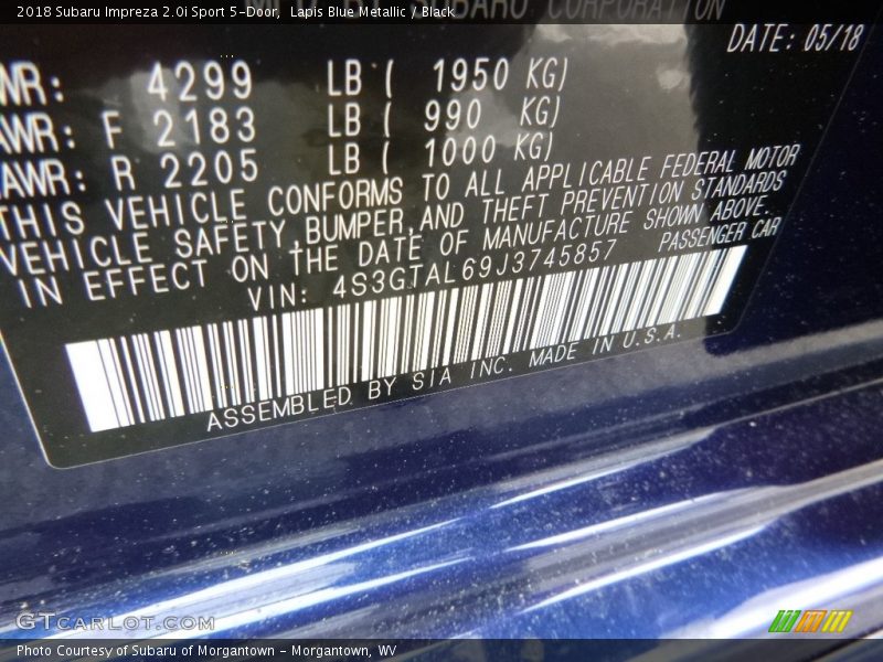 Lapis Blue Metallic / Black 2018 Subaru Impreza 2.0i Sport 5-Door