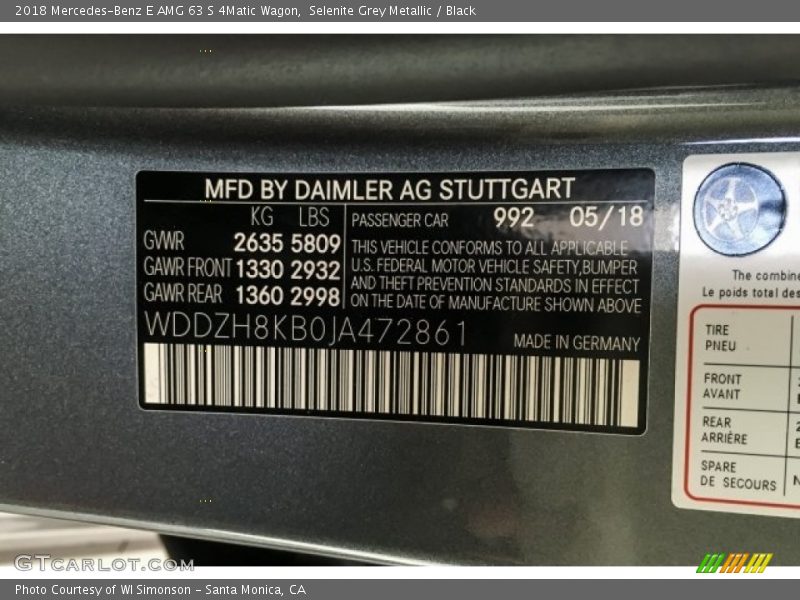 2018 E AMG 63 S 4Matic Wagon Selenite Grey Metallic Color Code 992