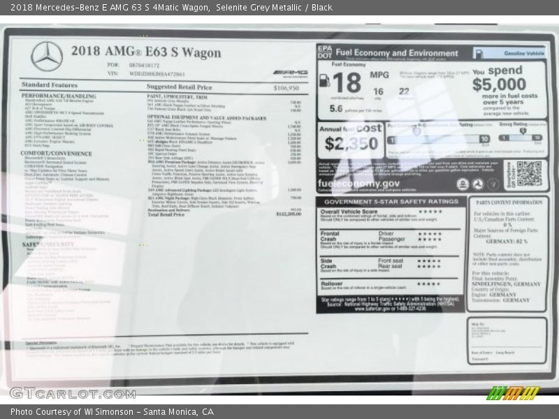  2018 E AMG 63 S 4Matic Wagon Window Sticker