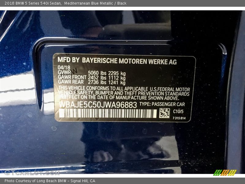 Mediterranean Blue Metallic / Black 2018 BMW 5 Series 540i Sedan