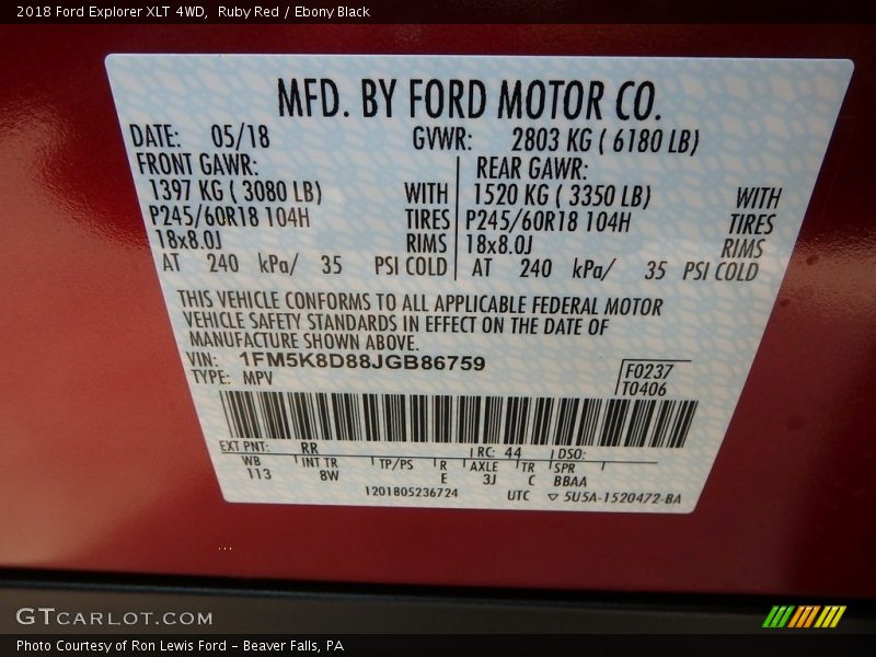 Ruby Red / Ebony Black 2018 Ford Explorer XLT 4WD