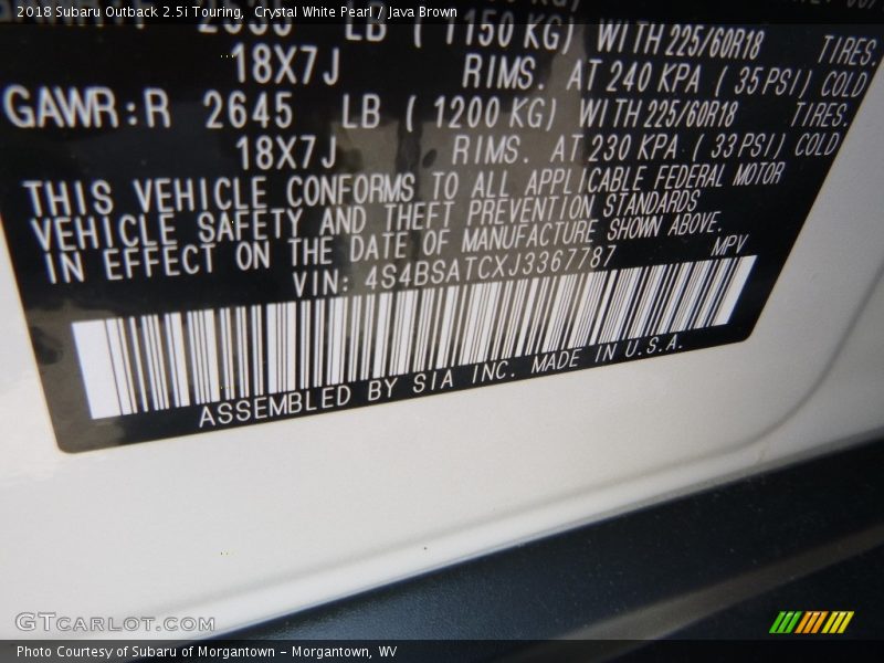 Crystal White Pearl / Java Brown 2018 Subaru Outback 2.5i Touring