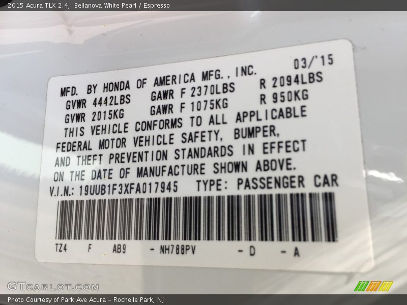 Bellanova White Pearl / Espresso 2015 Acura TLX 2.4