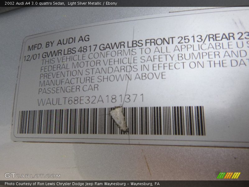 Light Silver Metallic / Ebony 2002 Audi A4 3.0 quattro Sedan