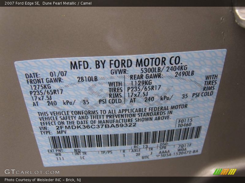 Dune Pearl Metallic / Camel 2007 Ford Edge SE
