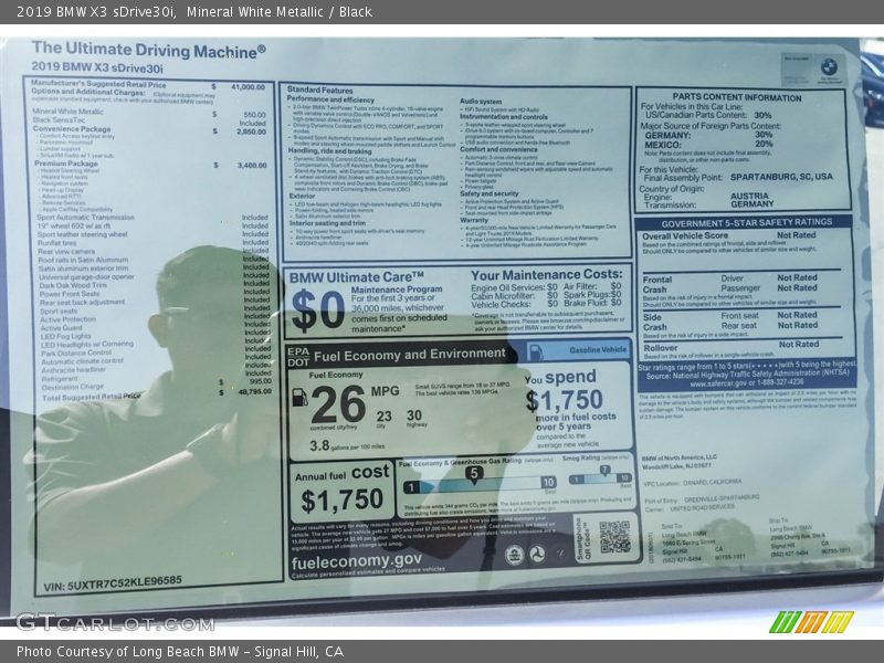 2019 X3 sDrive30i Window Sticker