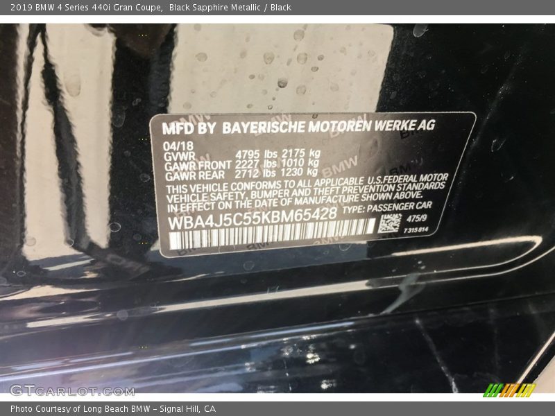 Black Sapphire Metallic / Black 2019 BMW 4 Series 440i Gran Coupe