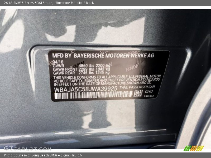 Bluestone Metallic / Black 2018 BMW 5 Series 530i Sedan