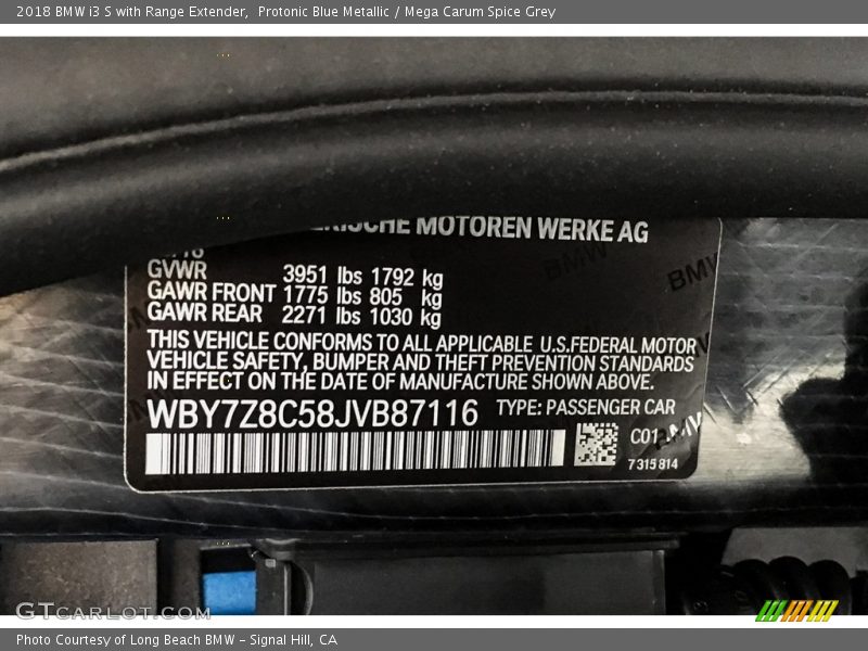 Protonic Blue Metallic / Mega Carum Spice Grey 2018 BMW i3 S with Range Extender