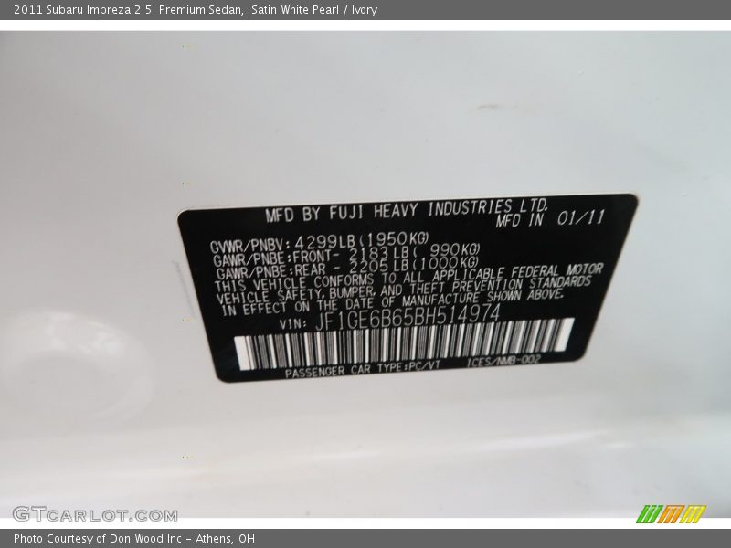 Satin White Pearl / Ivory 2011 Subaru Impreza 2.5i Premium Sedan
