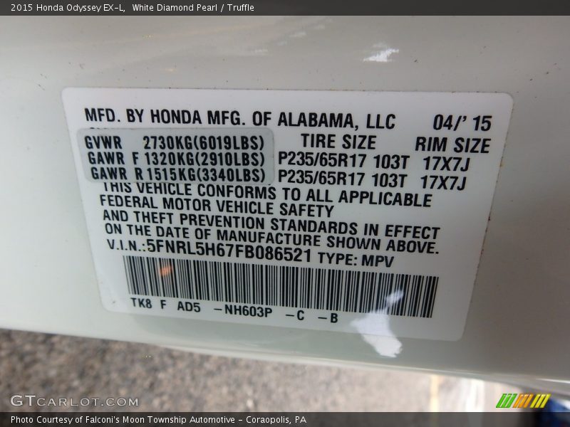 White Diamond Pearl / Truffle 2015 Honda Odyssey EX-L