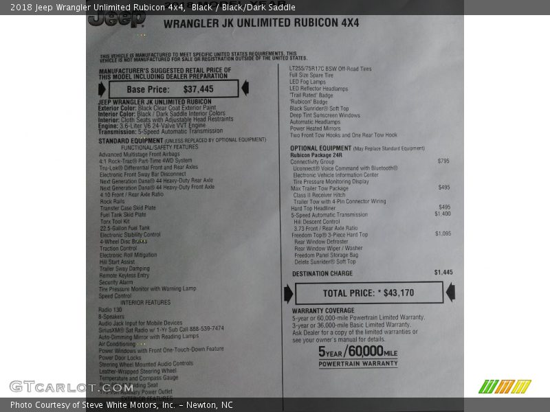 Black / Black/Dark Saddle 2018 Jeep Wrangler Unlimited Rubicon 4x4