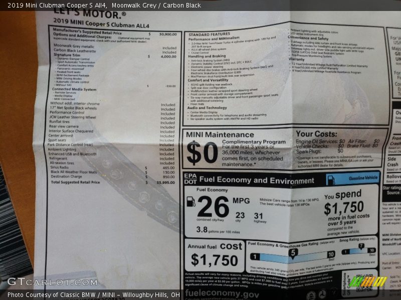 Moonwalk Grey / Carbon Black 2019 Mini Clubman Cooper S All4