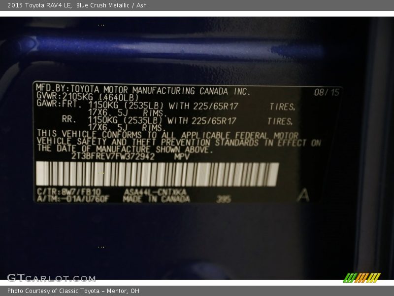 Blue Crush Metallic / Ash 2015 Toyota RAV4 LE