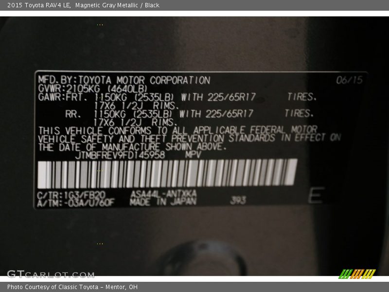 Magnetic Gray Metallic / Black 2015 Toyota RAV4 LE