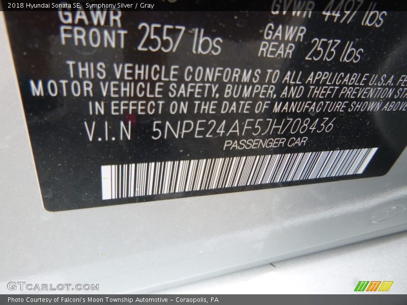 Symphony Silver / Gray 2018 Hyundai Sonata SE