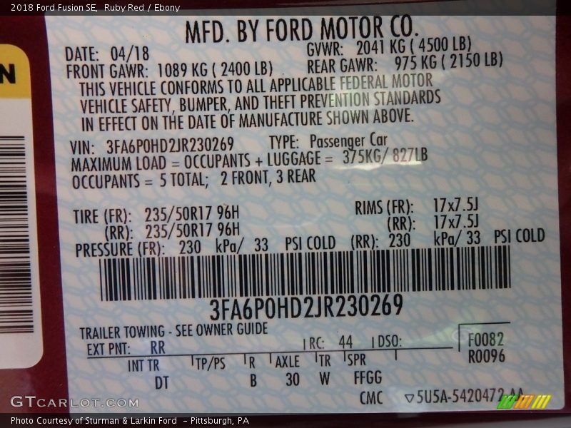 Ruby Red / Ebony 2018 Ford Fusion SE